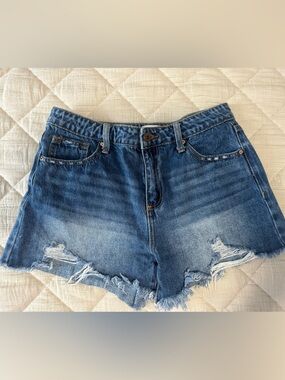 Frayed Hem Distressed Denim Jean Shorts - Blue